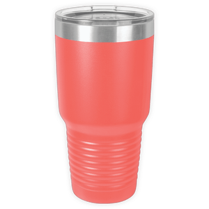The Kodiak Coolers BLANK ITEM - Insulated 30 oz Tumbler is a tall, coral-colored travel tumbler with a clear lid, stainless steel rim, and textured grip—ideal for custom or business logo mugs.