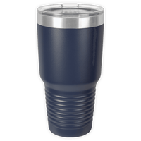 The BLANK ITEM - Insulated 30 oz Tumbler by Kodiak Coolers features a navy blue finish, clear plastic lid, stainless steel rim, and ribbed lower section—perfect for custom mugs or business logo mugs to highlight your brand.