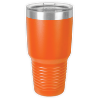 The Kodiak Coolers BLANK ITEM - Insulated 30 oz Tumbler is a large orange cup with a clear plastic lid and stainless steel rim, ideal for custom or personalized mugs, displayed against a plain white background.