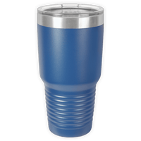 The Kodiak Coolers BLANK ITEM - Insulated 30 oz Tumbler features blue stainless steel, a clear plastic lid, a ribbed lower section, and a smooth upper half—perfect for custom mugs or showcasing your business logo.