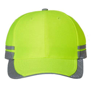 Sentence with product name and brand name inserted: An image of a structured yellow Outdoor Cap Reflective Hat with reflective fabric stripes.