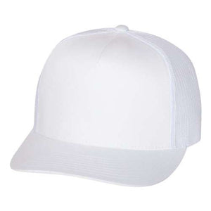 A YP Classics 5089M Five-Panel Classic Trucker Cap made of polyester/cotton on a white background.