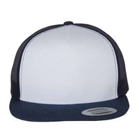 A navy and white YP Classics 5089M Five-Panel Classic Trucker Cap on a white background made of polyester/cotton.
