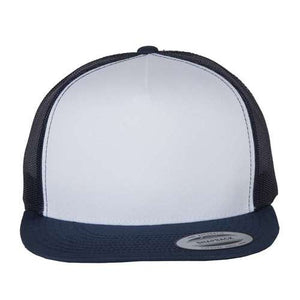 A navy and white YP Classics 5089M Five-Panel Classic Trucker Cap on a white background made of polyester/cotton.