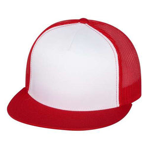 A YP Classics trucker hat made of polyester/cotton in red and white on a white background.