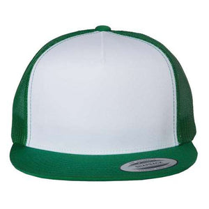 A green and white YP Classics trucker hat with a spandex blend on a white background.