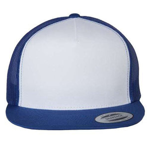 A blue and white YP Classics trucker hat made from polyester/cotton on a white background.