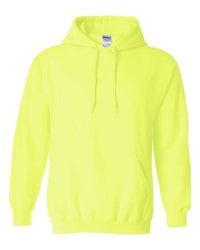A Gildan Heavy Blend Hoodie Safety Sweatshirt, made of cotton/polyester fleece fabric, featuring a double-lined hood, on a white background.