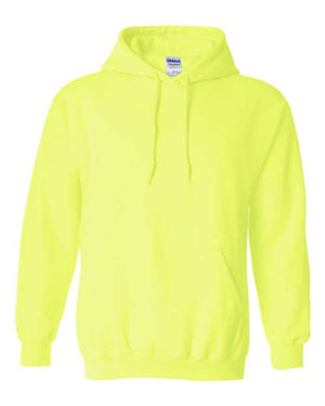 A Gildan Heavy Blend Hoodie Safety Sweatshirt, made of cotton/polyester fleece fabric, featuring a double-lined hood, on a white background.