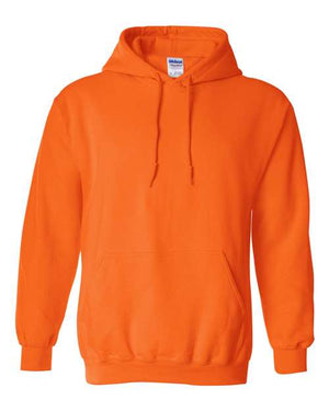 A Gildan Heavy Blend Hoodie Safety Sweatshirt, made of orange cotton/polyester fleece fabric, showcased against a white background.