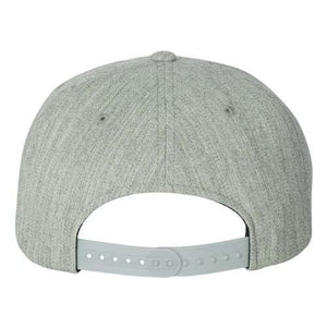 Back view of the Flexfit 110® Flat Bill Snapback Hat by Flexfit, featuring a structured six-panel design and an adjustable snapback closure in grey.