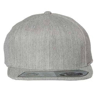 The Flexfit 110® Flat Bill Snapback Hat by Flexfit is a grey fabric baseball cap featuring a structured six-panel design, a flat brim with a sticker on top, and a snapback closure.