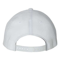 The image displays the back view of a Flexfit 110® Flat Bill Snapback Hat, a structured six-panel white baseball cap from Flexfit, featuring an adjustable strap and snapback closure.