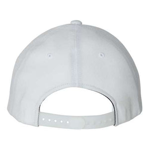 The image displays the back view of a Flexfit 110® Flat Bill Snapback Hat, a structured six-panel white baseball cap from Flexfit, featuring an adjustable strap and snapback closure.
