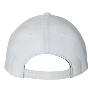 A white baseball cap with a Flexfit 110 Flat Bill Snapback closure for adjustable fit.
