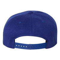Back view of the Flexfit 110® Flat Bill Snapback Hat in blue, showcasing a structured six-panel design and an adjustable strap with multiple holes for a customizable fit.