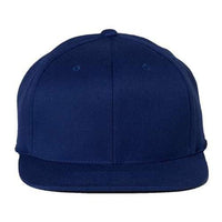 A front view of the Flexfit 110® Flat Bill Snapback Hat by Flexfit, showcasing its plain, dark blue color with a flat brim, featuring a structured six-panel design and crafted from an acrylic/wool/spandex blend.