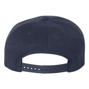 Rear view of a Flexfit 110® Flat Bill Snapback Hat in navy blue, showcasing its structured six-panel design with an adjustable strap and plastic fasteners from the Flexfit brand.