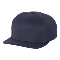 The Flexfit 110® Flat Bill Snapback Hat by Flexfit is a plain, dark navy blue cap featuring a flat brim and a structured six-panel design. It's crafted from an acrylic/wool/spandex blend for comfort and durability.