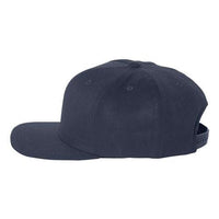 A Flexfit 110® Flat Bill Snapback Hat by Flexfit, featuring a plain black structured six-panel design, a flat brim, and an adjustable strap at the back, laid on a white background.