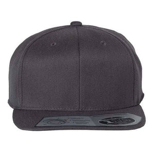 A front view of the Flexfit 110® Flat Bill Snapback Hat by Flexfit, featuring a structured six-panel design in plain dark gray with a flat brim and two ventilation holes on the front panels. Made from acrylic/wool/spandex, this hat also features a sticker on the brim and includes a snapback closure for adjustable comfort.