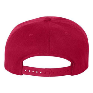 Viewed from the back, the Flexfit 110® Flat Bill Snapback Hat by Flexfit is a red baseball cap featuring a structured six-panel design and an adjustable strap with multiple snap buttons for a secure fit.