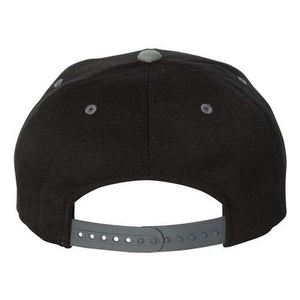Back view of the Flexfit 110® Flat Bill Snapback Hat by Flexfit in black, featuring a structured six-panel design and a gray adjustable snapback closure.