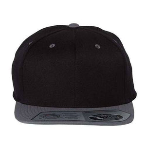 The Flexfit 110® Flat Bill Snapback Hat, by Flexfit, is a black and gray hat with a structured six-panel design and a sticker on the brim, viewed from the front.