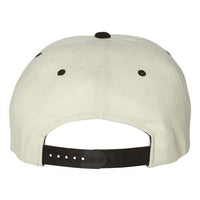 Back view of the Flexfit 110® Flat Bill Snapback Hat by Flexfit, showcasing its white structured six-panel design and black adjustable snapback closure.