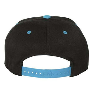 Back view of the Flexfit 110® Flat Bill Snapback Hat by Flexfit, featuring a structured six-panel design in black with blue accents, an adjustable blue strap, and crafted from a blend of acrylic/wool/spandex fabric.