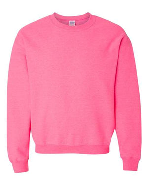 A women's Gildan Heavy Blend Safety Crewneck Sweatshirt made of cotton/polyester fleece fabric, featuring a classic fit, on a white background.