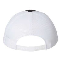 A YP Classics Six-Panel Retro Trucker Snapback Hat 6606 - Custom Leather Patch Hat | No Minimals | Volume Tiered Pricing with snapback closure on a white background.