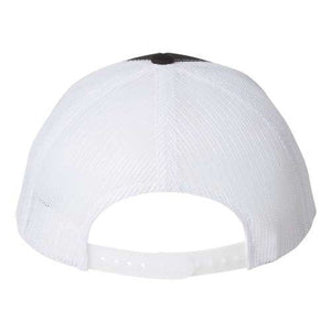 Rear perspective of the YP Classics retro trucker snapback hat (Yupoong Classics Six-Panel 6606) in white mesh, showcasing its adjustable closure and incorporating a subtle camo touch with timeless elegance.