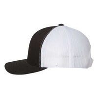 The YP Classics Yupoong Classics Six-Panel Retro Trucker Snapback Hat 6606 - Custom Embroidered Hat features a black and white design with a stylish camo pattern, shown from the side. Its mesh back and convenient snapback closure ensure a perfect fit.