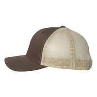 Yupoong Classics Six-Panel Retro Trucker Snapback Hat 6606 by YP Classics, featuring brown and beige camo mesh with a curved brim and snapback closure, showcased from a side view.