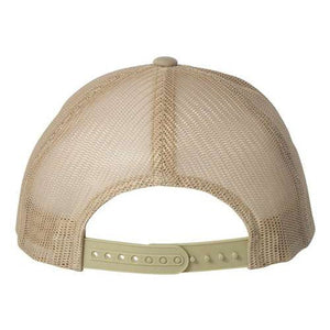 Rear view of the YP Classics' tan mesh baseball cap featuring a camo pattern and an adjustable snapback closure, known as the Yupoong Classics Six-Panel Retro Trucker Snapback Hat 6606 - Custom Embroidered Hat.