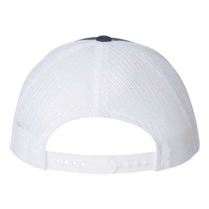 A YP Classics Yupoong Classics Six-Panel Retro Trucker Snapback Hat 6606, custom embroidered in white with a mesh design, features a camo pattern and an adjustable snapback closure at the back.