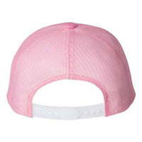 A Yupoong Classics Six-Panel Retro Trucker Snapback Hat 6606 - Custom Leather Patch Hat | No Minimals | Volume Tiered Pricing with a snapback closure on a white background.