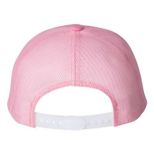 A Yupoong Classics Six-Panel Retro Trucker Snapback Hat 6606 - Custom Leather Patch Hat | No Minimals | Volume Tiered Pricing with a snapback closure on a white background.