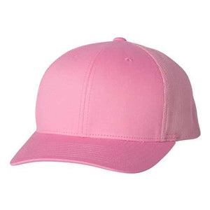 A YP Classics Yupoong Six-Panel Retro Trucker Snapback Hat 6606, featuring a plain pink design with a curved brim, snapback closure, and a stylish mesh back.