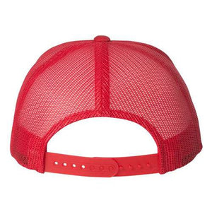 Rear angle of a red mesh YP Classics six-panel retro trucker snapback hat with a camo pattern and adjustable closure.