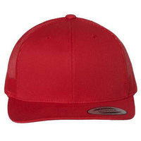 A YP Classics Six-Panel Retro Trucker Snapback Hat 6606 in plain red with a mesh back and flat brim, viewed from the front.