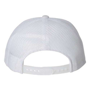 Back view of the YP Classics Yupoong Classics Six-Panel Retro Trucker Snapback Hat 6606, featuring a white mesh and camo design with an adjustable snapback closure.