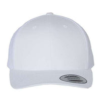The YP Classics Yupoong Classics Six-Panel Retro Trucker Snapback Hat 6606, a custom embroidered hat, features a white color scheme with a curved brim, snapback closure for easy adjustments, and includes a sticker on the bill.