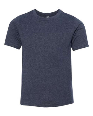 A comfortable Next Level Youth Blend CVC T-shirt on a white background, made with lightweight fabric for added comfort.