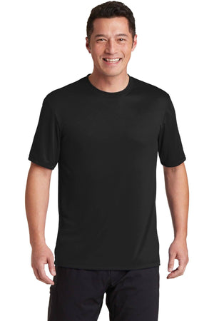 A person wearing a Hanes Cool Dri Performance T-Shirt 4820 in plain black, made from lightweight fabric, smiles against a white background.