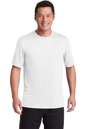 A person is wearing a Hanes Cool Dri Performance T-Shirt 4820, which is plain white and made of lightweight fabric, with black pants, smiling against a white background.