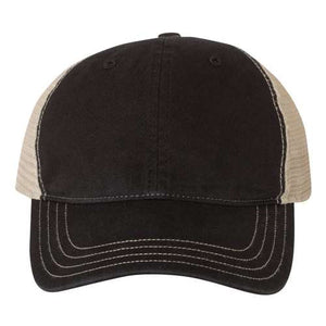 A black Richardson 111 Garment-Washed Snapback Trucker Hat on a white background.
