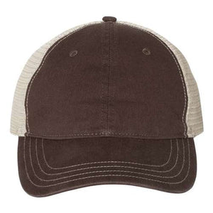 A brown Richardson 111 Garment-Washed Snapback Trucker Hat on a white background.