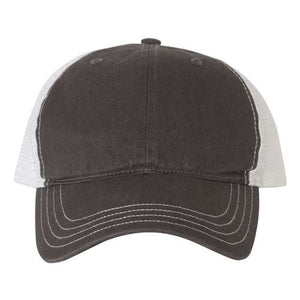 A Richardson 111 Garment-Washed Snapback Trucker Hat with mesh on a white background.